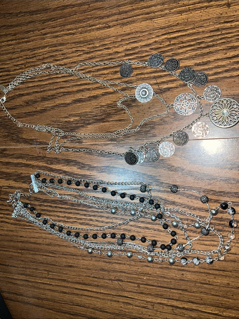 Silver-Tone Layered Pendant Necklace with Black Bead Chains